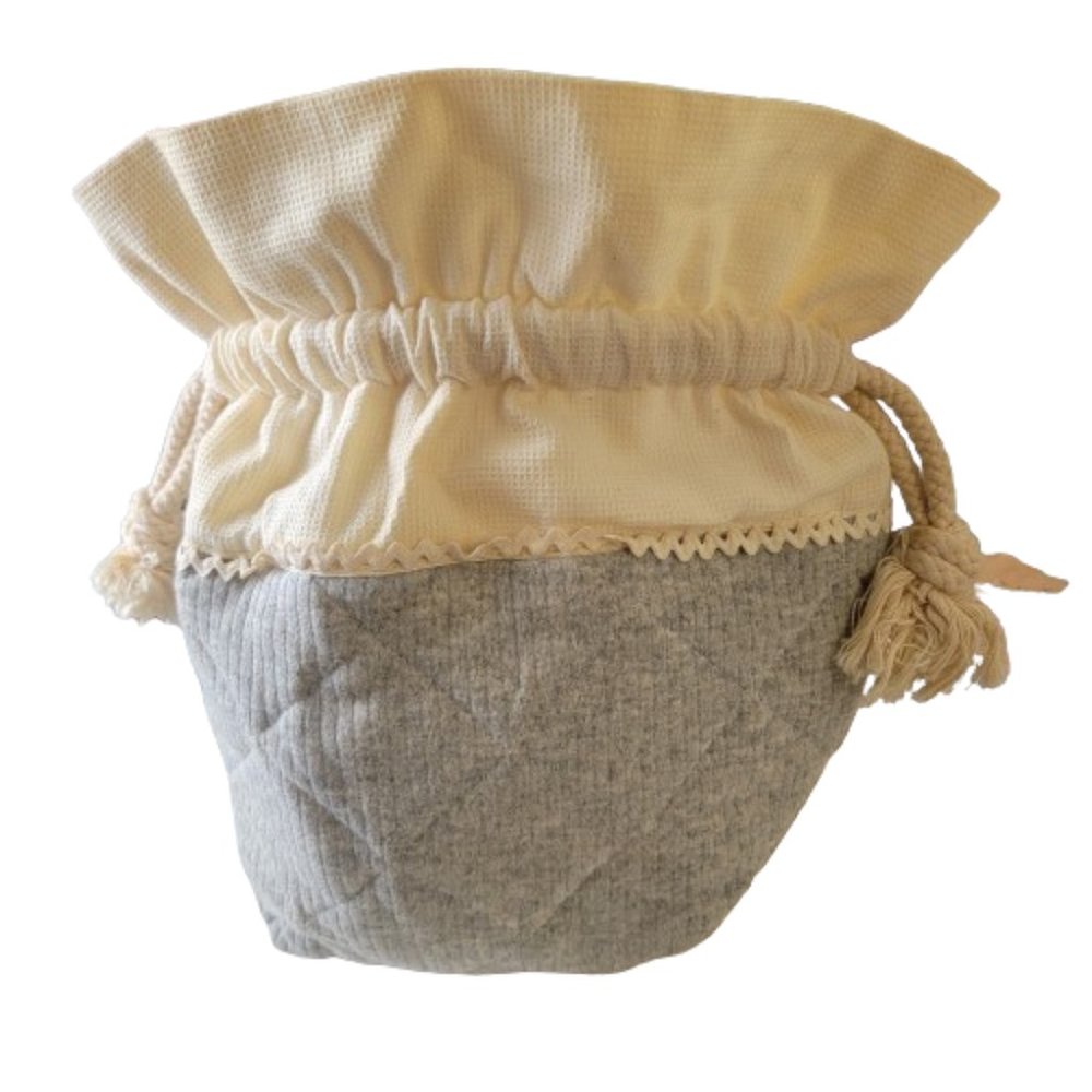 Sylvie Thiriez Creations Two‑Tone Drawstring Tote Bag Rope Pull Grey Beige OS - Picture 3 of 15